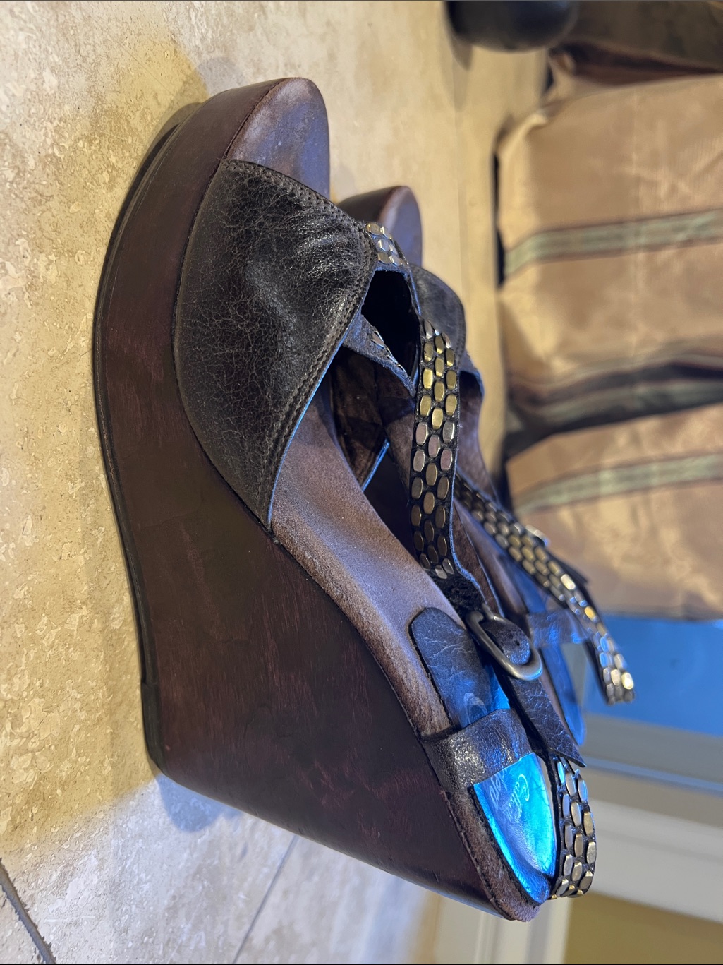 Brown Wedge Sandals With Studded TStrap By Calleen Cordero